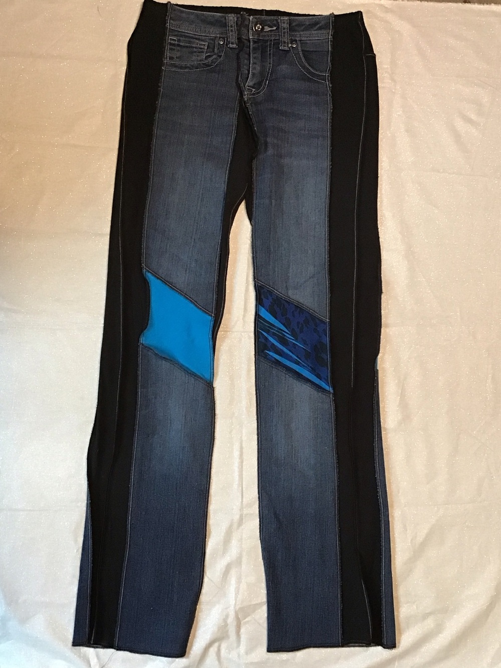 Women's Dark Blue Skinny Jeans with Black Side Panels and Blue Knee Accents